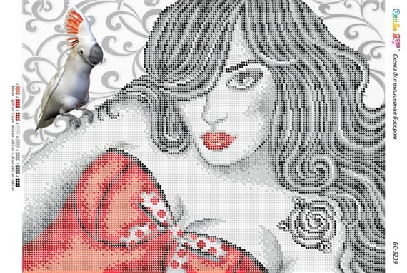 Схема для вышивания бисером Девушка с попугаем (част.выш.), арт. БС-3239